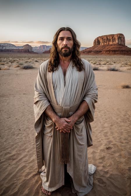 Raw hdr photo of jesus christ, wearing a robe, mantle, praying on my knees in the desert at sunrise, inspiring, disquieting, intricate, high details, hair blowing in the winf, focus, roman toga, mantle, beard, dramatic light, sunrise on desert, (hyper realistic:1.2), (high detailed skin:1.2), 8k uhd, dslr, high quality, film grain, Fujifilm XT3, epiCRealism, lighting, <lora:add_detail:0.7>  <lora:r4nd0m69:0.7>
