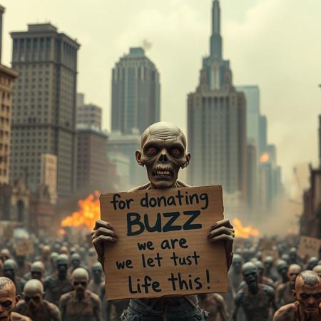 apocalyptic city, buildings falling background, explosions background, fire background, dust, smog, a big zombie crowd, zombies without body parts, a ugly zombie holding a a carboard sign with the text "for not donating buzz we are left like this"