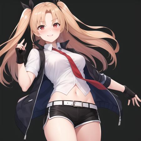 (masterpiece, best quality1.2),illustration,8k,hd,1girls,solo,blonde_hair,long_hair,one_side_up,red_eyes,bangs,smile,blush,collared_shirt,jacket,necktie,shirt,short_sleeves,white_shirt,black_jacket,gloves,open_clothes,open_jacket,striped,red_striped_necktie,white_gloves,belt,black_shorts,breasts,navel,red_necktie,short_shorts,shorts,hair_ribbon,midriff,fingerless_gloves,ribbon,black_ribbon,star_\(symbol\),thighs,<lora:cleveland-μ>,