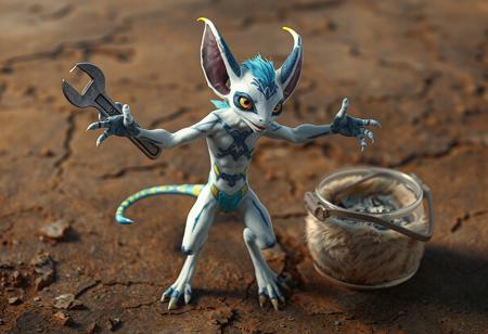 "Create a 4K, exceptionally detailed digital art of a Feral Imp in a dynamic action pose, adorned with blue and yellow accents on a white body, with a ground erosion in the background. The Imp, standing confidently, has outstretched arms, holding a wrench and standing near a clear fur container with additional details. Aim for vibrant colors, sharp lines, and a balanced, well-timed composition. Consider an isometric view and use Octane Render or Unreal Engine 5 for a captivating, realistic look. Include a powerful message, vivid emotions, and beautiful detailed eyes. Submit to CGSociety or Artstation for trending consideration."