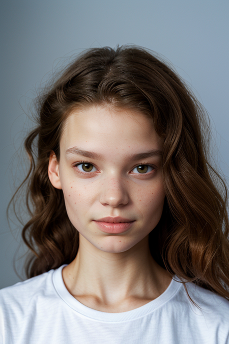 LizaKorol, portrait photo, (detailed eyes:1.1), (long wavy hair) BREAK, wearing a (1980s white t-shirt with orange stripes:1.1), posing for a picture BREAK with a stranger things background, moody light, (masterpiece), ((forest)), (detailed face:1.2)