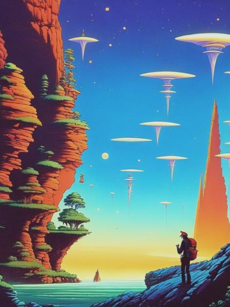 <lyco:RodneyMatthews:1.0> a person waiting in a line in the style of rodney matthews, crystalline and geological forms, cosmic, charles vess, moebius, go nagai, quiet contemplation, adventure pulp