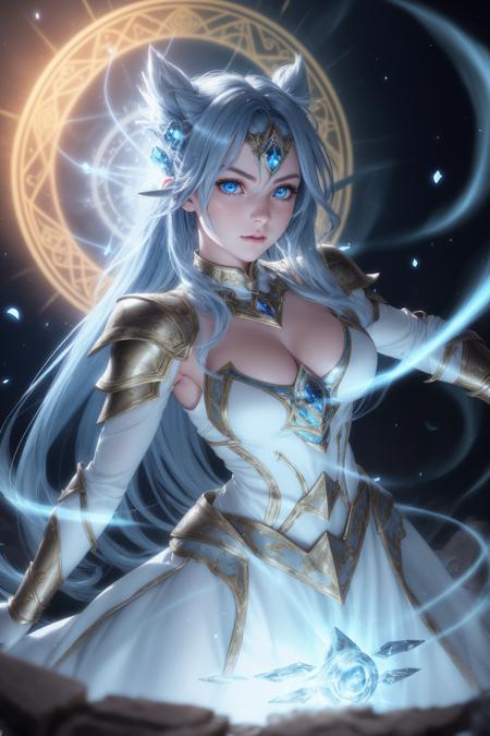 raw photo, sharp focus, ultra realistic cg, a portrait of a beautiful paladin, fantasy, [armor|dress], mage, (magic circle, casting a spell, swirling magic, light particles), dynamic light, action shot, posing, goddess,  ice blue eyes, tri tails, elegant, sin rays, dark, beautiful detailed eyes, detailed skin, pretty face,