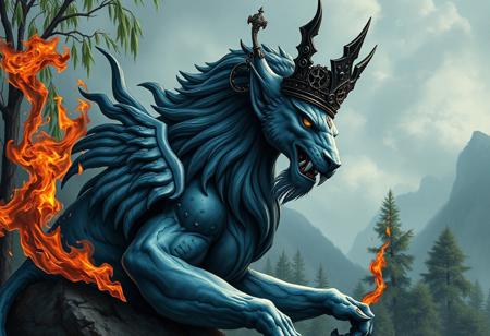 "Create an ultramarine and black centered, highly detailed, golden ratio composition. Feature a zentaur in a regal pose with a prince crown of black gears. Incorporate a fire lion and a forest of willow trees. This should be a full body portrait with intricate details, aiming for a lifelike result. Draw inspiration from artists like Tooth Wu, wlop, and beeple, and consider a character concept art or film still approach."