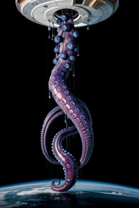 cosmic (blue eldritchtech:1.2) (space station:1.6), threatened by a (dripping kraken tentacle:1.4), flakes of azure and deep purple crystals, (cosmic eldritchtech fog:1.2), (extremely beautiful:1.2), ornate decoration, accurate, sharp focus, (clean:1.2), (product image:1.5), (photorealistic:1.5), (masterpiece, best quality, 16k, 8k, ultra highres, absurdres, highres:1.2)
ADDCOMM
<lora:style-cosmiceldritchtech:1.0> <lora:epi_noiseoffset-v2:0.3> <lora:add_detail:1.2>
ADDBASE
cosmic background, dark energy, (eyeball:1.2)
ADDROW
a (wet:1.6) black slate tabletop decorated with (perfect blueberries:1.4) and (liquid quicksilver:1.2)
ADDROW
should you hear the whisperer's howl
for sure your end is near most foul
made in part of rampant madness
this rotgut will cause you only sadness
and if you desire to prevent your demise
it might be needed to cover your eyes
but if all you want is to forget your sorrow
then drink this liquor but don't count on a 'morrow