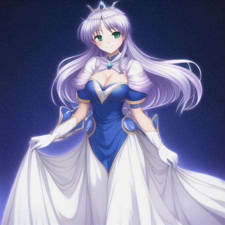 <lora:Feena-000008:1>, Masterpiece, Best Quality, Feena, light purple Hair, (blue) dress, white gloves, long hair, green eyes, puffy short sleeves, tiara, smiling, walking on the street, solo, starry background, crescent moon, cleavage