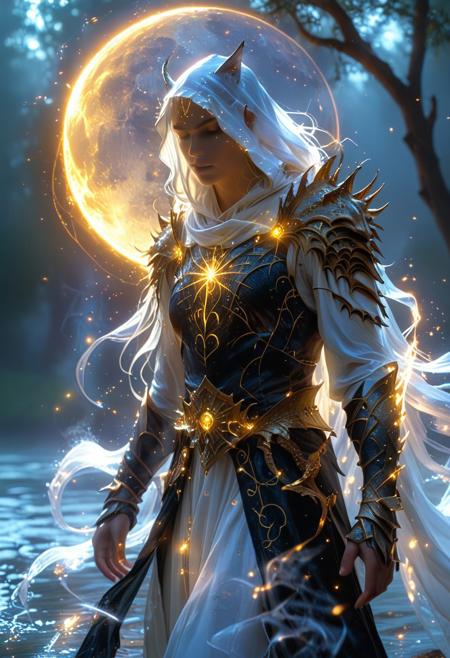 Surreal, under moon light,  Fairy armor, cloak of darkness, hood up, glowing, nothingness,( Misty:1.2),( water vapor:1.2), soul, magic, casting spell, soul out of body, white shadow in the back, ghost shadow, smoke, supernatural, an cinematic shot, dragon:werewolf clad in black and gold armor, dynamic pose, dynamic angle, fighting stance, dark forest, eerie, spectral, ghostly, yellow glowing eyes, Cosmic heartbeat thrumming resonant pulse echoes chamber luminous radiance pulsing prismatic kaleidoscope energies colliding fusing alchemy pure bliss transcendent union two souls merged inseparably intertwined fabric space-time. Glowing aurora borealis undulates graceful sinuous movements mesmerizing dance particles light refracted spectra visible spectrum compressed infinitesimal pinprick singularity contains universes birthing stars dying civilizations worlds yet dreamed conceived. At core pulsating rhythm drives universal clock measure eons aeons measured cosmic inflationary epochs  infinity mirrored eternity repeating themes motifs archetypes defining narratives arc story epic adventure spanning galactic empires rising falling like seasons year round. concept-art, adventure, characters, fantasy, whimsy, dreaminess, colorfuldetailed, dark fantasy aesthetic, low contrast, art, masterpiece