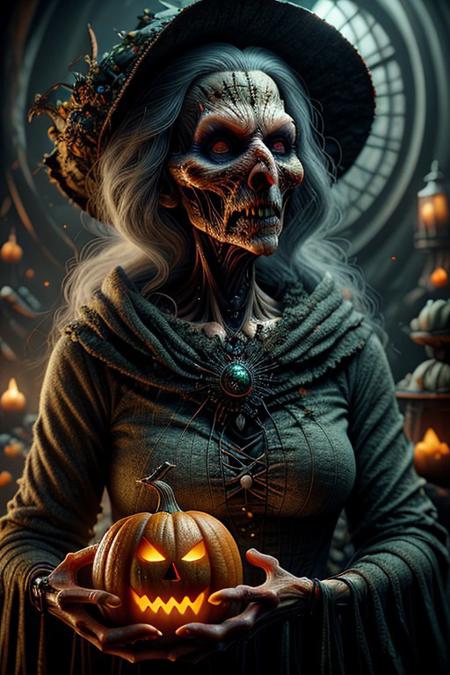 an evil witch carrying a pumpkin around town on Halloween, she has orange glowing eyes, dark night, HalloweenGlowStyle, ral-wtchz, CyberRealistic_Negative, ral-wtchz