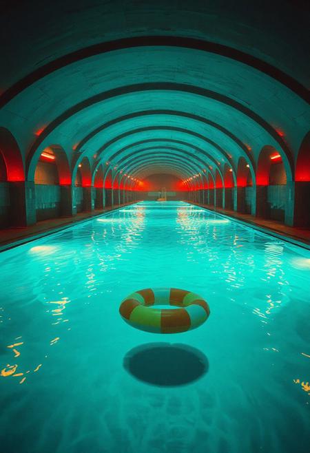 "An endless, looping pool complex with glowing teal-blue water, perfectly still yet echoing with distant, impossible splashes. The vaulted archways repeat into infinity, their neon-lit edges reflecting off the wet concrete in oily rainbow smears. The air is thick with chlorine-scented mist, distorting the flickering overhead lights. The water is crystal clear but too deep—something moves just beyond visibility, stirring the ripples unnaturally. No exits, no people—only a single abandoned pool float drifting towards the viewer. Shot on grainy 35mm film with a fisheye lens, the edges of the frame warped like a VHS tape left to decay. Vaporwave aesthetics meet psychological horror—the colors are vibrant but sickly, the geometry almost correct. Submerged shadows suggest elongated limbs just below the surface.