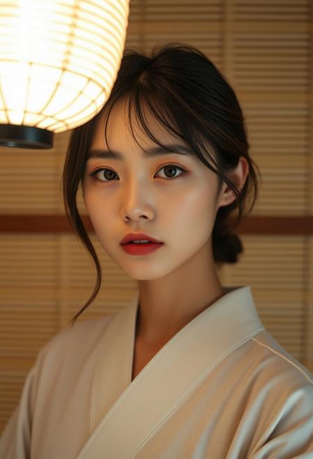 Japanese Minimalist Perfection. Frame a woman against a tatami-mat backdrop using a Fujifilm GFX 100 II and 120mm f/4 Macro. Light with a paper lantern for zero-shadow softness. Settings: f/5.0, ISO 80, 1/100s. Highlight flawless yet real skin—no foundation, only hydrated glow. Magnify the iris texture (hazel flecks, limbal rings) via macro focus. Post-add LUTs mimicking Fuji Pro 400H film for creamy midtones and true-to-life reds in lips.