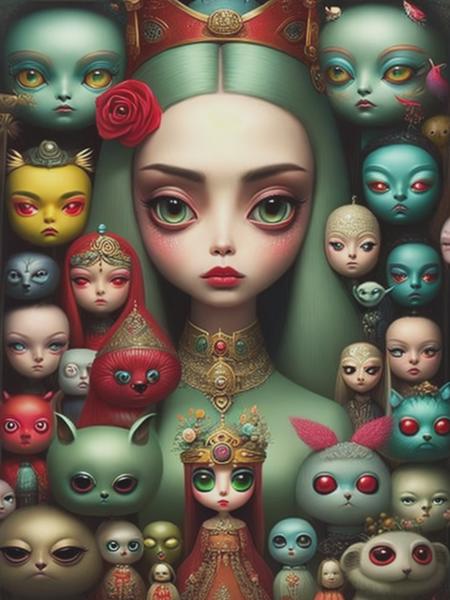 <lyco:MarkRyden:1.0> very detailed picture, gorgeous women portarit, very defined face features, big eyes, vivid colors, priestess, surrounded by various creatures, painted by Mark Ryden