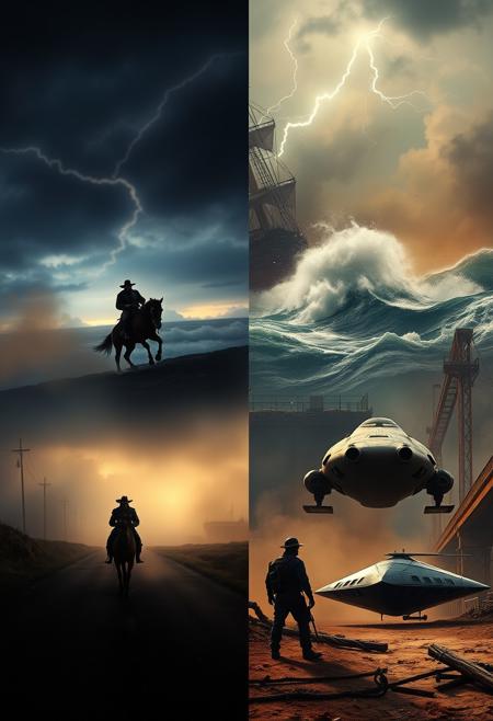 A powerful, multi-scene composition capturing the essence of four lives across different eras, each connected by the spirit of the Highwayman.
**First Scene:** A dark, misty road at dusk with a lone highwayman on horseback, his figure partially obscured by shadows. The horse rears as they approach a distant gallows, the tension palpable as he rides into danger.
**Second Scene:** A storm-tossed ship battles through towering waves under a stormy sky. A determined sailor clings to the rigging as lightning splits the darkness, the ship fighting against the fury of the sea.
**Third Scene:** A vast, dusty construction site during the Industrial Revolution. A rugged worker stands before an imposing, unfinished dam, surrounded by heavy machinery. His face reflects the hardship and sacrifice of building this monumental structure.
**Fourth Scene:** A sleek spacecraft drifts through the cold void of space, damaged but resilient. A lone astronaut floats outside, tethered to the ship, making critical repairs against a backdrop of glowing nebulae, symbolizing the endless frontier of exploration.
