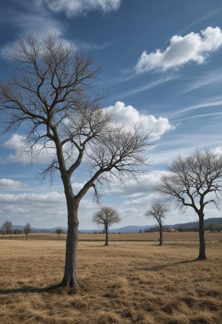 masterpiece, photorealistic, italian countryside, sparse trees, wispy clouds, uninhabited,