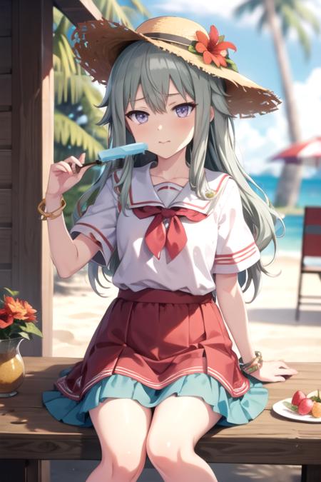 <lora:NotKyo-02:0.7> ,nene, 1girl, solo, long hair, looking at viewer, skirt, shirt, hair ornament, hat, bow, holding, hair between eyes, jewelry, sitting, flower, short sleeves, grey hair, outdoors, food, green hair, hair flower, blurry, bracelet, tree, purple eyes, fruit, depth of field, blurry background, feet out of frame, beach, eating, table, sunlight, holding food, red flower, green skirt, headwear removed, popsicle, ice cream, sand, palm tree, straw hat, yokozuwari, dot nose, back bow, waist bow