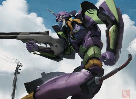 evaunitone, cable, cloud, evangelion (mecha), glowing, glowing eyes, gun, holding, holding gun, holding knife, holding weapon, horns, knife, mecha, open mouth, power lines, robot, science fiction, single horn, sky, solo, weapon, white eyes, eva 01, neon genesis evangelion, rebuild of evangelion, highres <lora:SD15_noise_offset:1> <lora:eva01_v2:0.8>