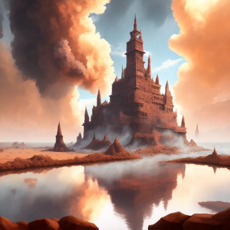 (BoneFortress:1) giant structure, body of water, smoke, desert castle in the sky  <lora:BoneFortress:0.8>