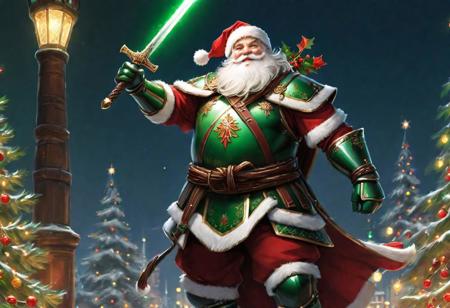 ((wallpaper 8k)), ((high detailed)), ((masterpiece)), ((best quality:1.2)), ((hdr)), ((absurdres)), santa in green red and white plate armor, christmas lights wraped around armor, wielding a chrismas sword
