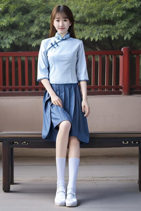 best quality, masterpiece,real,realistic, photo,photorealistic,looking at viewer,
1girl, xiaofu,school uniform, chinese clothes, cheongsam,shirt,pleated skirt,sleeves past elbows,socks, footwear, 
outdoors, city,chinese town,east asian architecture,sitting on bench, 
long hair,straight hair, blunt bangs, huge breasts, covered nipples,
<lora:xiaofu_v3_02:0.8> <lora:cuteGirlMix4_v10:0.6>