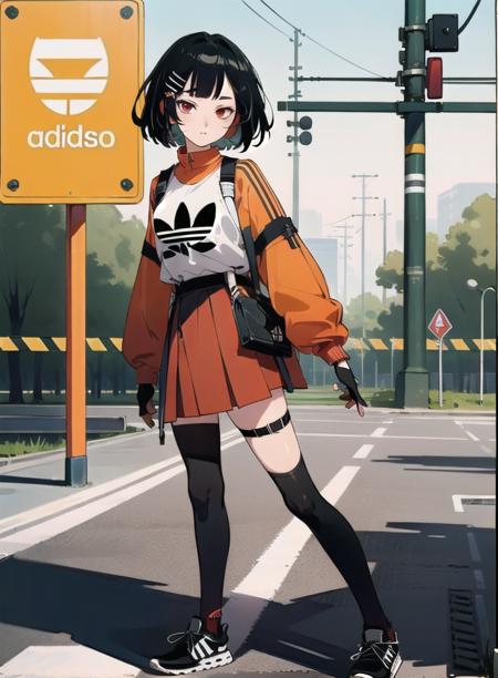 best quality, 4K wallpaper, masterpiece, extremely detailed CG unity 8k wallpaper, extremely detailed eyes, ultra-detailed, intricate details, 1girl, solo,red eyes, Adidas outfit, shirt, hair ornament, skirt, black legwear, shoes, looking at viewer, public, road sign, street park, street, <lora:clothingbrend:0.6>