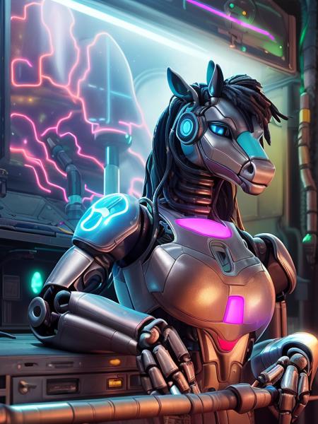 portrait, equid, horse, cybernetic, metalic, shiny cybernetic, black hair, (robot:1.2), neon blue eyes,  wires, defiance512, dark lab room, (dan mumford:1.4), 3d <lora:Furtastic_Detailer:-1@0.2,1@0.3,2@0.5,0@1>