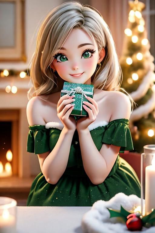 A beautifully drawn cartoon girl holding a Christmas present.