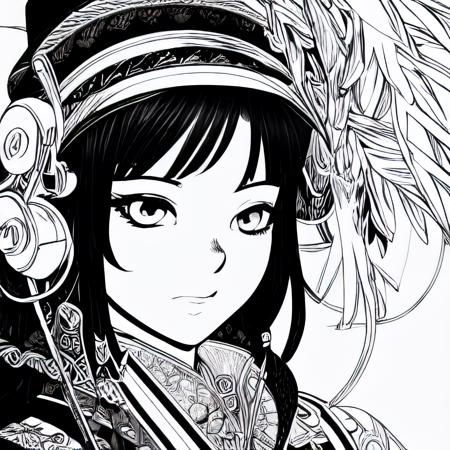 DBlinebrush style, masterpiece, 1girl, beautiful portrait of anime female adventurer, monochrome