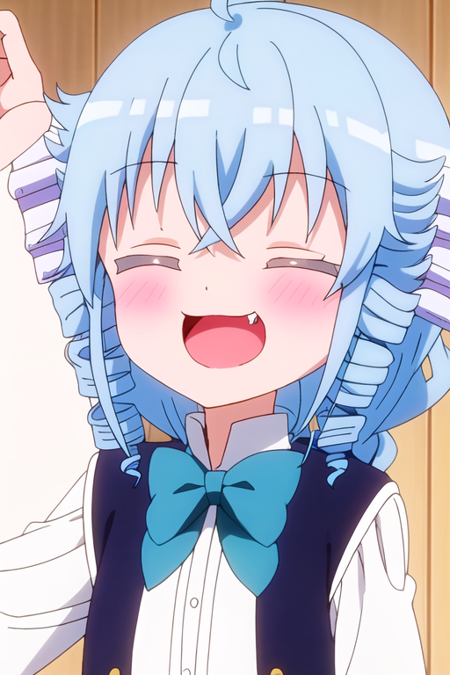 1girl, closed eyes, solo, blue hair, fang, open mouth, smile, bow, drill hair, shirt, blush, arms up, white shirt, bowtie, long sleeves, upper body, ahoge, :d, facing viewer, happy