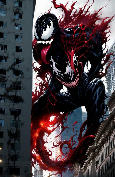 perfect mix between Carnage from Marvel and Godzilla, with Carnage's red tentacles protruding from his entire body, destroying city, blood, epic, (cataclysmic, white eyes like venom, gargantuan, taller than buildings, oversized, gigantic:1.9), absurdres, best quality, fantasy style


,(intricate details), (hyperdetailed), 8k hdr, high detailed, lot of details, high quality, soft cinematic light, dramatic atmosphere, atmospheric perspective
