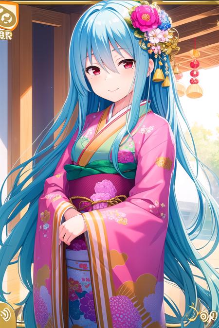 (masterpiece, best quality), highly detailed background, perfect lightingbest quality, <lora:Kayashima-Otome:0.7>, 1girl, solo, blue hair, hair flower, hair ornament, hair between eyes, very long hair, red eyes, mole under eye, kimono, japanese clothes, smile, closed mouth, pink lips.