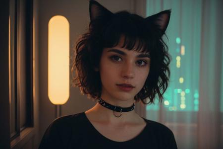 (analog photo:1.1), (a punk catgirl:1.15), (cat ears:1.1), brown short curly hair, (black t-shirt:1.15), (20 years old, young:1.2), petite, (pubic hair:1.1), choker, cream eyeliner, european, cozy bedroom, (neon glow, cyberpunk:1.2), waves, warm colors, (inviting expression:1.05), RAW Photograph, dslr, soft lighting, high quality, film grain, Fujifilm XT3, (nsfw:1.1), insane details, masterpiece, 8k, 35mm photograph, dslr, kodachrome, vignette, vintage, Kodachrome, Lomography, stained, highly detailed, found footage