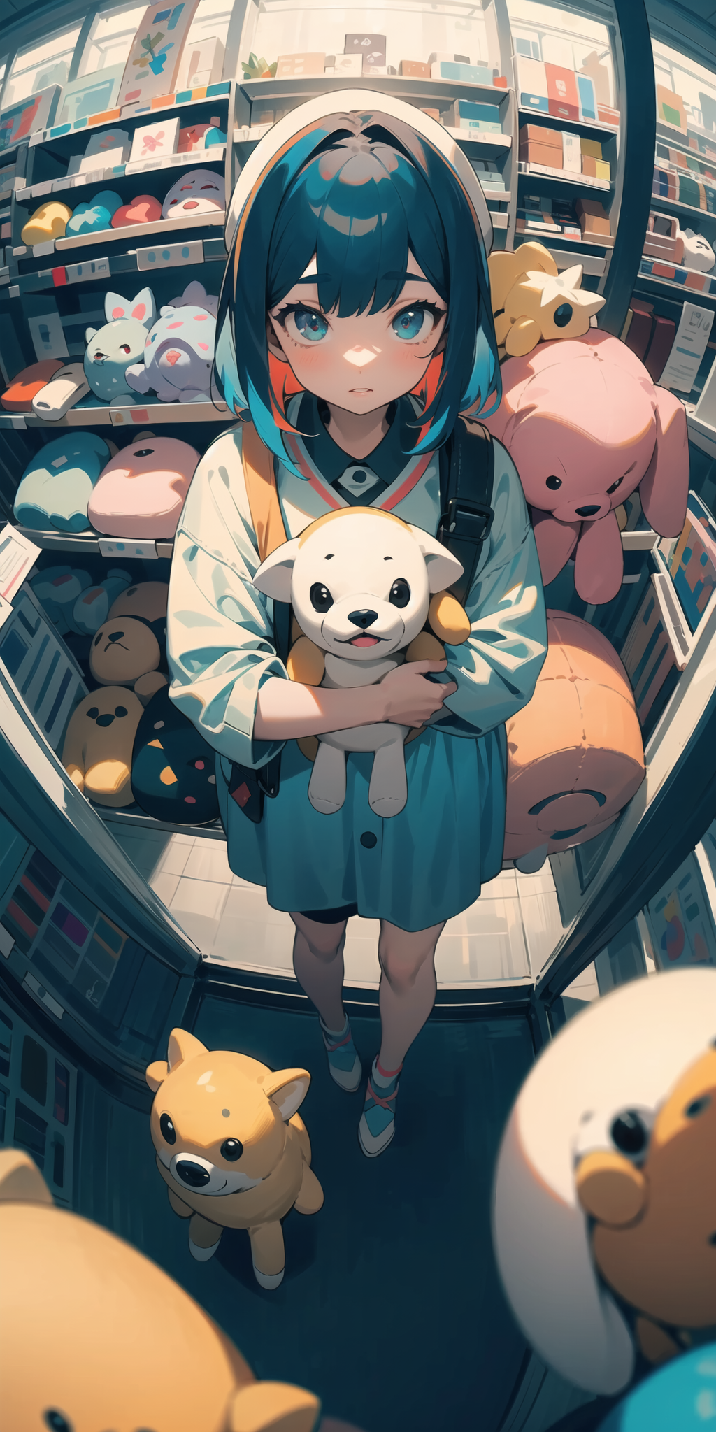 (masterpiece, best quality), (colorful:1.4), from above, solo, 1girl standing in a store with lots of stuffed animals on t...