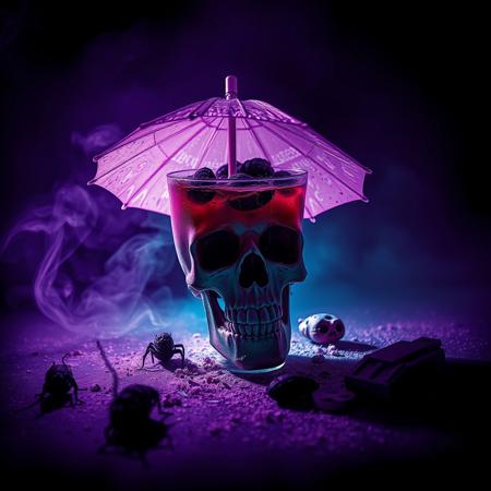 A disgusting umbrella drink containing a sludge of insects, surrounded by subtle dust and decay. The scene is lit with a deep purple duotone color scheme, casting moody, heavy shadows. The texture is gritty and raw, evoking a dark and psychedelic stoner doom metal atmosphere. The background is dark and minimal, emphasizing the skull and table, with faint hints of smoke or mist swirling in the air. The lighting is dramatic and harsh, creating a brooding, vintage poster-like aesthetic with a grainy, analog feel.