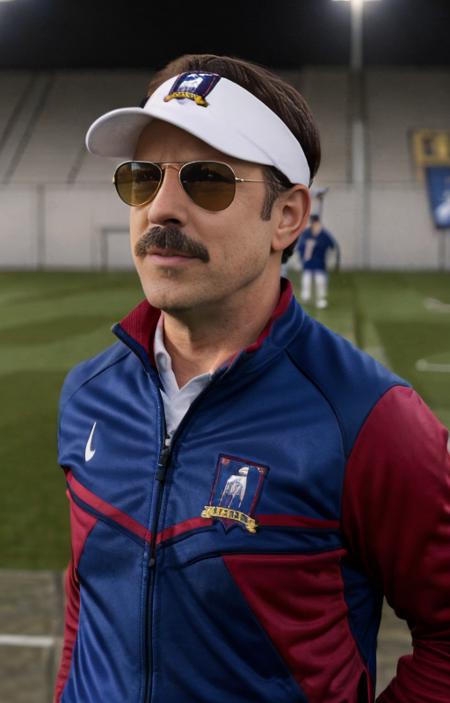 photo of ted person,  tedlasso, <lora:TedLassov2-000003:0.88> masterpiece, high def, photo of Ted Lasso, 1man , 45y.o. , soccer pitch,  (coach clothes) (nose:1.2)  (coach visor) (sunglasses)