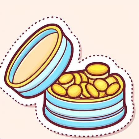 <lora:Game Icon InstituteXL3:1>,(masterpiece, top quality, best quality, official art, beautiful and aesthetic:1.2),(8k, best quality, masterpiece:1.2),a cartoon of a blue and yellow container filled with gold coins on a pink background with a white dotted line, simple_background, white_background, food, no_humans, outline, white_outline, food_focus, jar, still_life