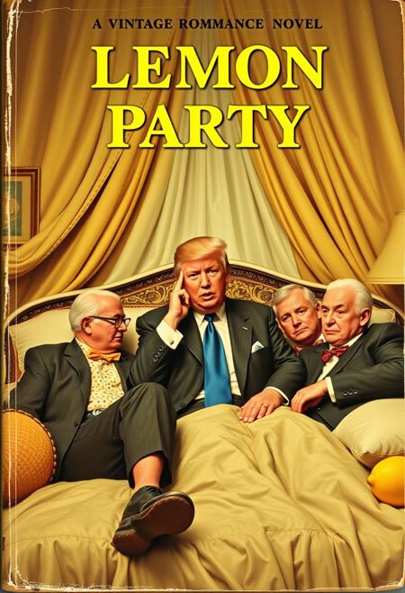 A vintage romance novel. Cover is a group of old men in a bedroom with Donald Trump. Title of book "LEMON PARTY"