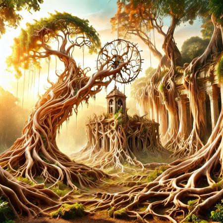 an ancient clocktower entangled by massive roots, time frozen around it, particles of light suspended in the air, forgotten ruins, overgrown architecture, golden hour light, surreal atmosphere, magical realism, morph-treeroots
<lora:TreeRoots_SDXL:1.0>