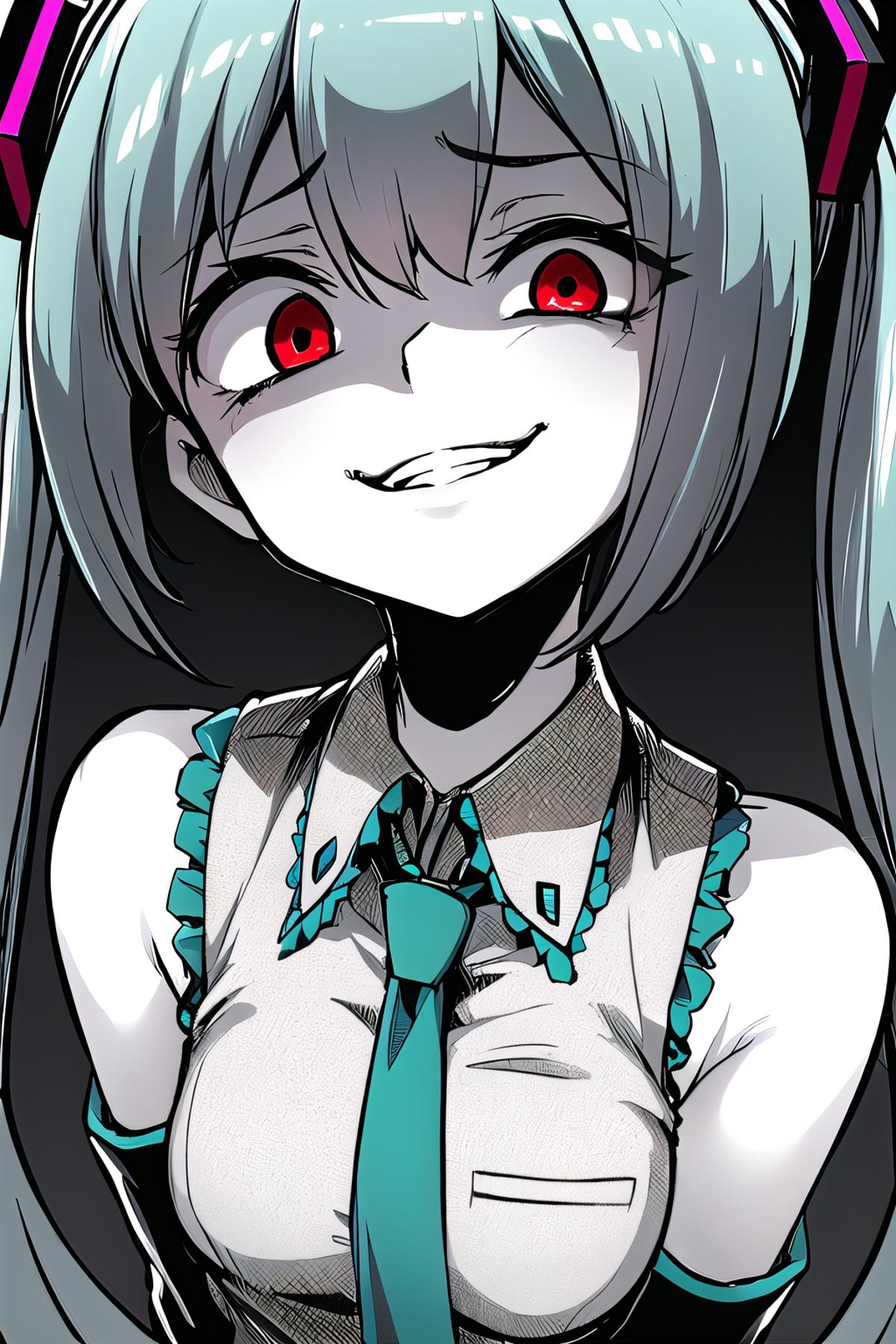 A girl with anime-like features is wearing a white dress, with a blue bow tie and a green bow on her shirt. She has long hair and is smiling, wearing a tie that is halfway undone. The image is in black and white, except for the girl's eyes, which are red.
