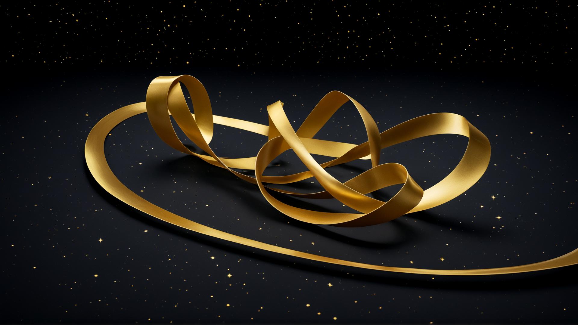 A twisting ribbon of liquid gold, floating weightlessly through space. The ribbon glows with soft, golden hues, and its surface ripples with delicate highlights and shadows. The background is a deep, starry void., Photorealistic, Hyperrealistic, Hyperdetailed, analog style, soft lighting, subsurface scattering, realistic, heavy shadow, masterpiece, best quality, ultra realistic, 8k, golden ratio, Intricate, High Detail, film photography, soft focus