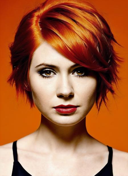 portrait of sks woman by Flora Borsi, style by Flora Borsi, bold, bright colours, orange Mohawk haircut, ((Flora Borsi)), <lora:locon_karengillan_v1_from_v1_64_32:1.25>