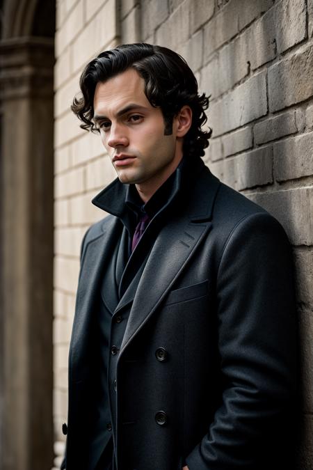 (masterpiece), (extremely intricate:1.3), (realistic), leaning against a wall photo of PennBadgley, (:o:1.2), wearing coat, with scissor cut haircut , background haunted library, (foreground interest photo, Blue Hour Light, Nikon Z5 Mirrorless Camera, ƒ/22, ISO 800, Macro, gothic art, hyperdetailed), <lora:PennBadgley:1.2>, RAW photo, (high detailed skin:1.2), 8k uhd, dslr, high quality, film grain