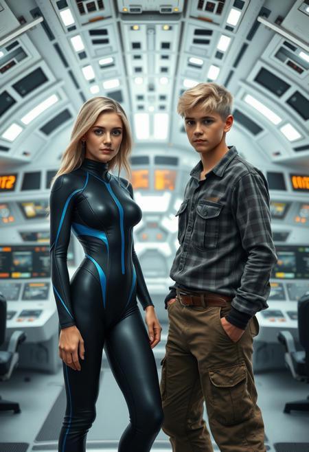 realistic photo like  hyper realistic 
a teenage boy and a teenage girl stand side by side on the bridge of a large starship. The woman is wearing a tight black and blue bodysuit. She has blonde hair and fish gills on her neck. The man has blond hair and is wearing farmer clothing.
The bridge of the starship is large and light in color. There are at least 20 workstations to control and manage the starship