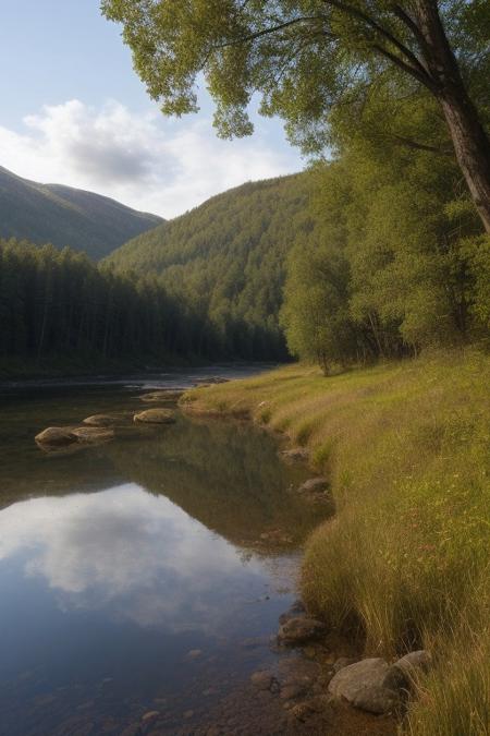 RAW photo, Norway, dream nature, primeval wild, picturesque forest, bright clouds, beautiful sky, sun, epic landscape, spring lake, colorful scenery, desolate atmosphere, realistic, masterpiece, 8k resolution, ultra detailed, vivid colors, high quality,