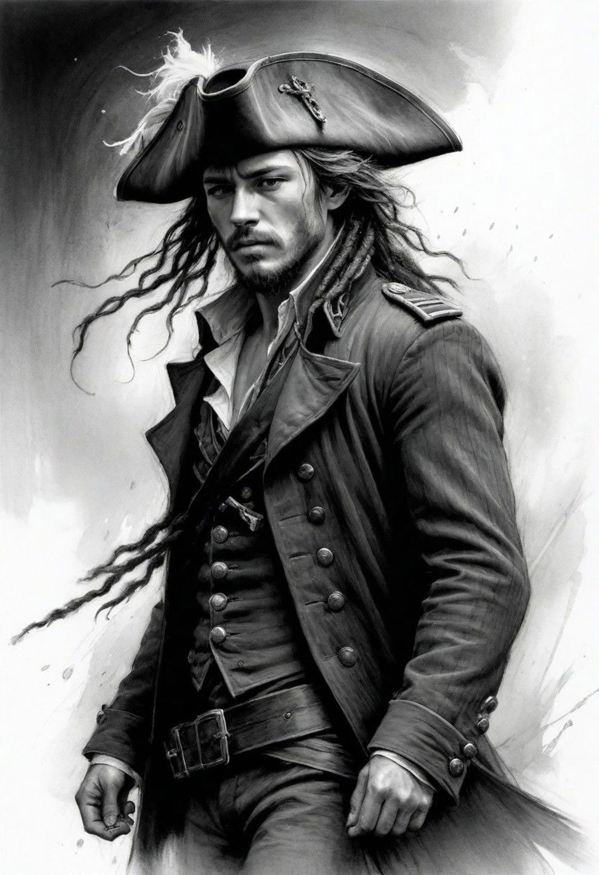 A Pirate Painting of a Man with a Long Ponytail, Pirate Hat, and Sword.