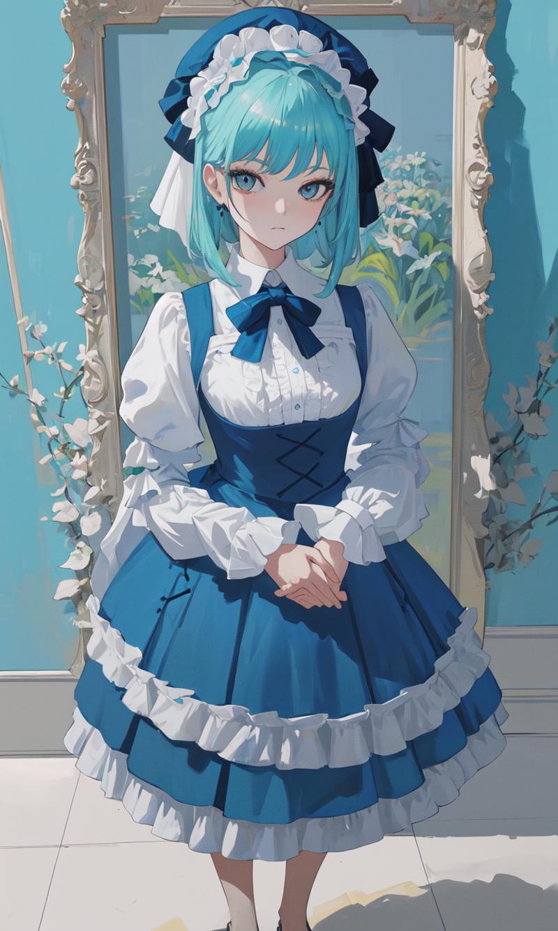A blue dress and white apron on a girl with a blue bow in her hair.