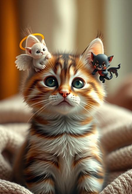 In a hyper-realistic image, an adorable cat is depicted with two tiny, mischievous kittens perched on its shoulders, each representing the classic devil and angel. The angel kitten, with a halo and wings, stands on the left shoulder, gazing up at the cat with big, round eyes and a sweet expression. The devil kitten, with a tiny pitchfork and a wicked grin, stands on the right shoulder, trying to persuade the cat to indulge in naughty behavior. Both kittens are rendered in exquisite detail, with soft, fluffy fur and delicate features that seem to come alive. The larger cat is equally well-rendered, with a curious expression and a soft, scaly texture that invites the viewer to touch. The surrounding environment is a warm and cozy setting, with soft, muted colors and a sense of playful whimsy. The overall effect is one of charming, humorous storytelling, as if the cat is being tempted by the opposing forces of good and evil, with the outcome hanging precariously in the balance. Highest-Quality, 4k, intricate details, visually stunning, Masterpiece