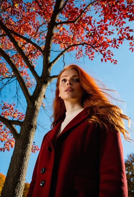 perspective Low-angle shot from very below of an elegant woman, cute, long red hair,22 y.o, standing under a tree in autumn, with red leaves gently falling around her.  the camera points directly upward at a 90° angle, capturing the blue sky through the branches. Soft natural lighting, realistic details, slightly blurred background (bokeh), 8k uhd, high detailled body, high detailled eyes, masterpiece, realistic, realism, hyper-real, hyper-realism, soft light, kodak film, cinematic, futuristic in 100 years.