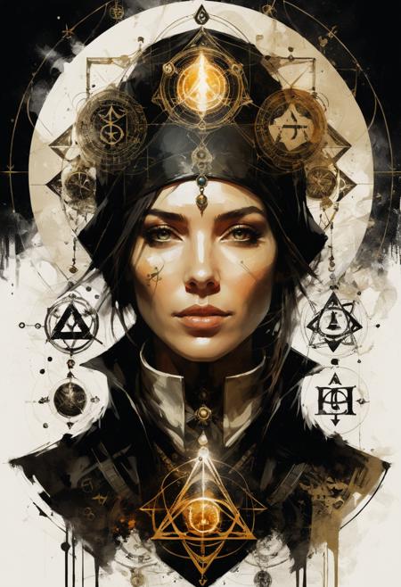 Surreal Alchemist: An female character portrait of a master alchemist, with  face surrounded by alchemical symbols, by Russ Mills,  <lora:xl_more_art-full_v1:0.3>