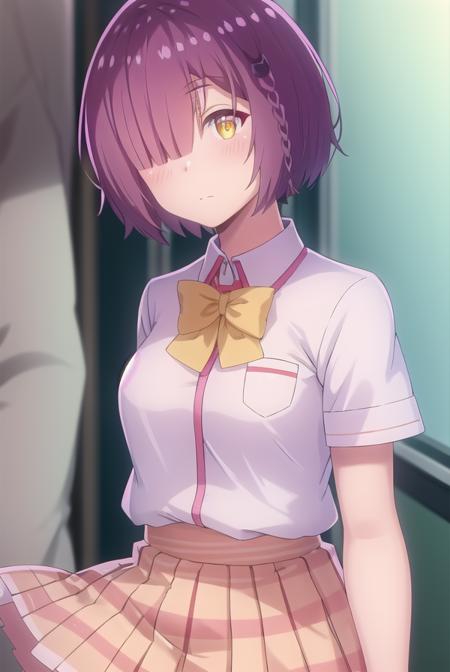 ayanofujimoto, <lora:ayano fujimoto s1-lora-nochekaiser:1>,
ayano fujimoto, short hair, hair ornament, (yellow eyes:1.3), purple hair, braid, (hair over one eye:1.5),
BREAK skirt, shirt, bow, school uniform, white shirt, short sleeves, pleated skirt, shoes, socks, bowtie, plaid, plaid skirt, brown footwear, black socks, loafers, pink skirt,
BREAK indoors, classroom,
BREAK looking at viewer,
BREAK <lyco:GoodHands-beta2:1>, (masterpiece:1.2), best quality, high resolution, unity 8k wallpaper, (illustration:0.8), (beautiful detailed eyes:1.6), extremely detailed face, perfect lighting, extremely detailed CG, (perfect hands, perfect anatomy),