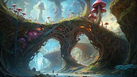 Psychedelic style alien planet, colorfully, hyperrealism, digital art, realistic, gorgeous,  background lush vegetation with trees and (stream bed) between two valleys, mushrooms, milky way, alien cityscape ruined, vintage fantasy art, super detail, dynamic, highly detailed, high resolution, masterpiece, matte painting, artstation, concept art, smooth, sharp focus, illustration in the style of artists like Russ Mills, Sakimichan, Wlop, Loish, Artgerm, Darek Zabrocki, and Jean-Baptiste Monge<lora:xl_more_art-full_v1:0.5> . Vibrant colors, swirling patterns, abstract forms, surreal, trippy