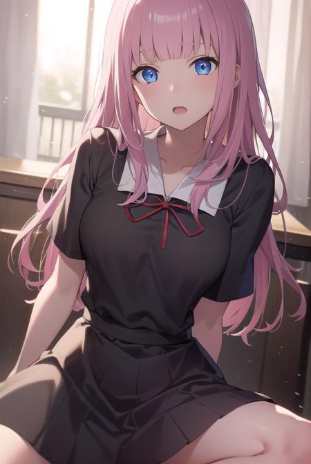 chikafujiwara, <lora:chikafujiwaratest:1>,
chika fujiwara, black bow, blue eyes, blunt bangs, hair bow, long hair, pink hair,
BREAK black dress, dress, pinafore dress, school uniform, shirt, short sleeves, shuuchiin academy school uniform, white shirt,
BREAK looking at viewer,
BREAK indoors, classroom,
BREAK <lora:GoodHands-vanilla:1>, (masterpiece:1.2), best quality, high resolution, unity 8k wallpaper, (illustration:0.8), (beautiful detailed eyes:1.6), extremely detailed face, perfect lighting, extremely detailed CG, (perfect hands, perfect anatomy),